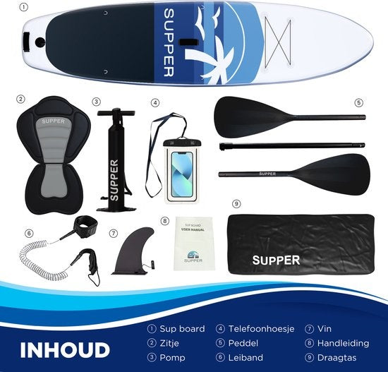 Supper Sup Board XL - Max. 180KG - Aufblasbar - Paddle Board - Verstellbares Paddel - Wasserdichte Handyhülle - Sitz - Pumpe - Flosse - Leash - Tragetasche - 335 x 81 cm