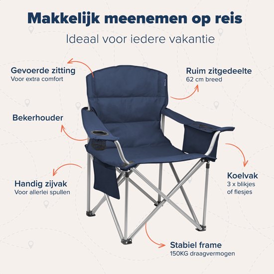 TRVLMORE Campingstühle - Zusammenklappbar - 2 Stück - XL - 150 kg Belastbarkeit - Getränkehalter - Seitentasche - Klappstuhl - Blau