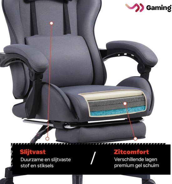 VDD – Gaming-Stuhl mit Fußstütze – gepolsterte Armlehnen – höhenverstellbar – Massagekissen – grau