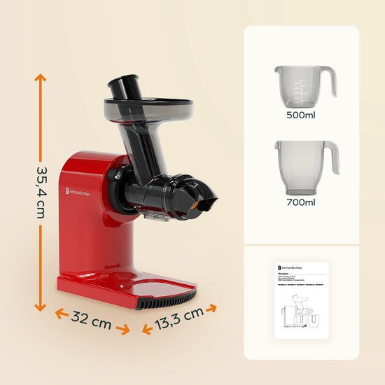 KitchenBrothers Slowjuicer - Kompakt - Entsafter - Gemüse- und Obstpresse - 45 mm - 500 ml - Rot