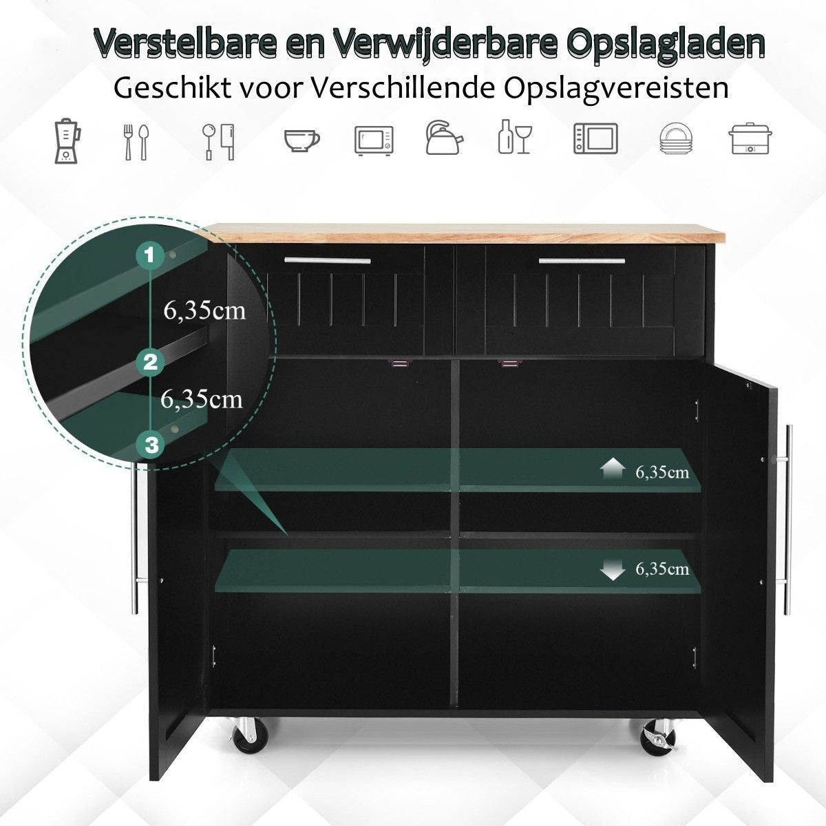 Coast Küchenwagen - mit Rollen - Schubladen und Schränke - 94 x 45,5 x 94,5 cm - schwarz