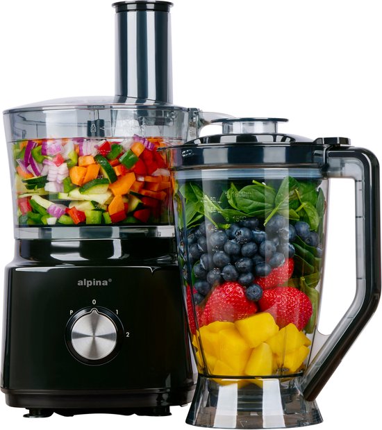 Alpina 3-in-1-Küchenmaschine, Mixer und Smoothie-Maker – Multifunktionale Küchenmaschine – Gemüseschneider – Zerkleinerer – 2 l – BPA-frei – spülmaschinenfest – FP413GS – Schwarz