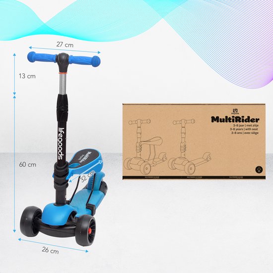 LifeGoods MultiRider Kids' Scooter - Stufe 3-8 Jahre - Verstellbarer Sitz - Leuchtende Räder - Jungen/Mädchen - Blau
