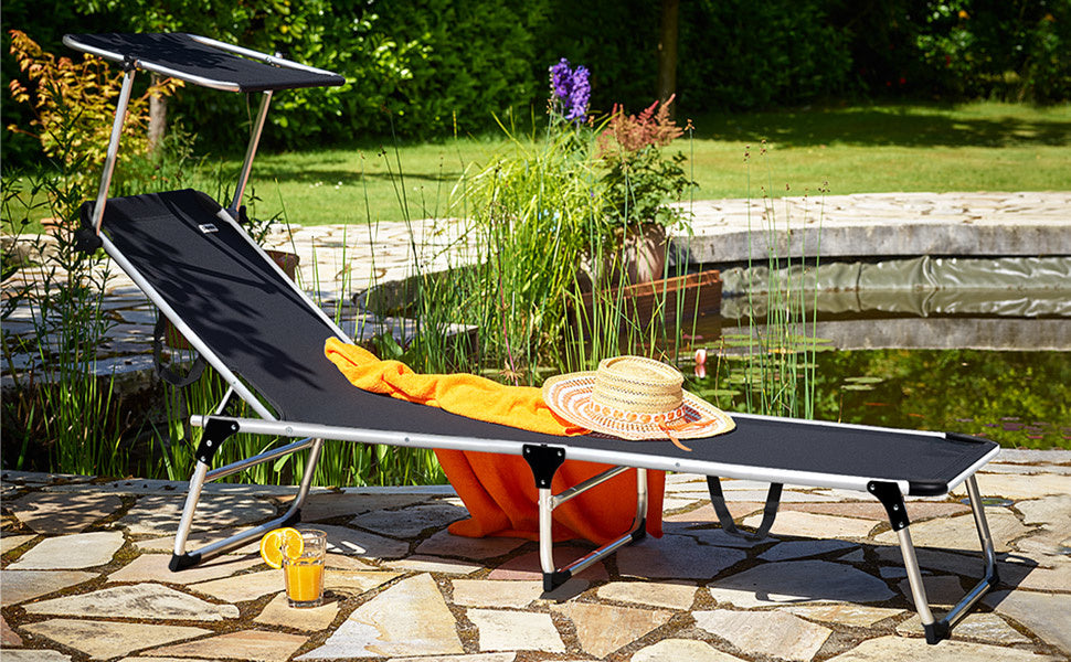 Casaria Aluminium Liege Malta - Ausgestattet mit stufenlos verstellbarem Sonnenschirm und vier Positionen Rückenlehne und abnehmbare Seitentasche - für Garten und Strand - Anthrazit Aluminium und Polychlorid - 210x61x35 cm