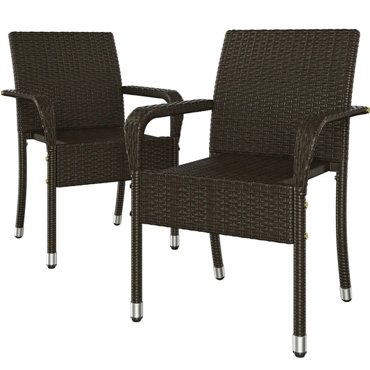 Yaheetech Gartenstühle - 2 Stück - Rattan - stapelbar - mit Armlehnen - verstellbare Füße - braun
