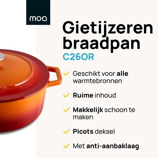 MOA Gusseisen-Kasserolle - Fassungsvermögen 5,7 Liter - 26CM - Rund - Alle Wärmequellen - Auch für Induktion - Gewicht 5,8 kg - Orange Rot - C26OR