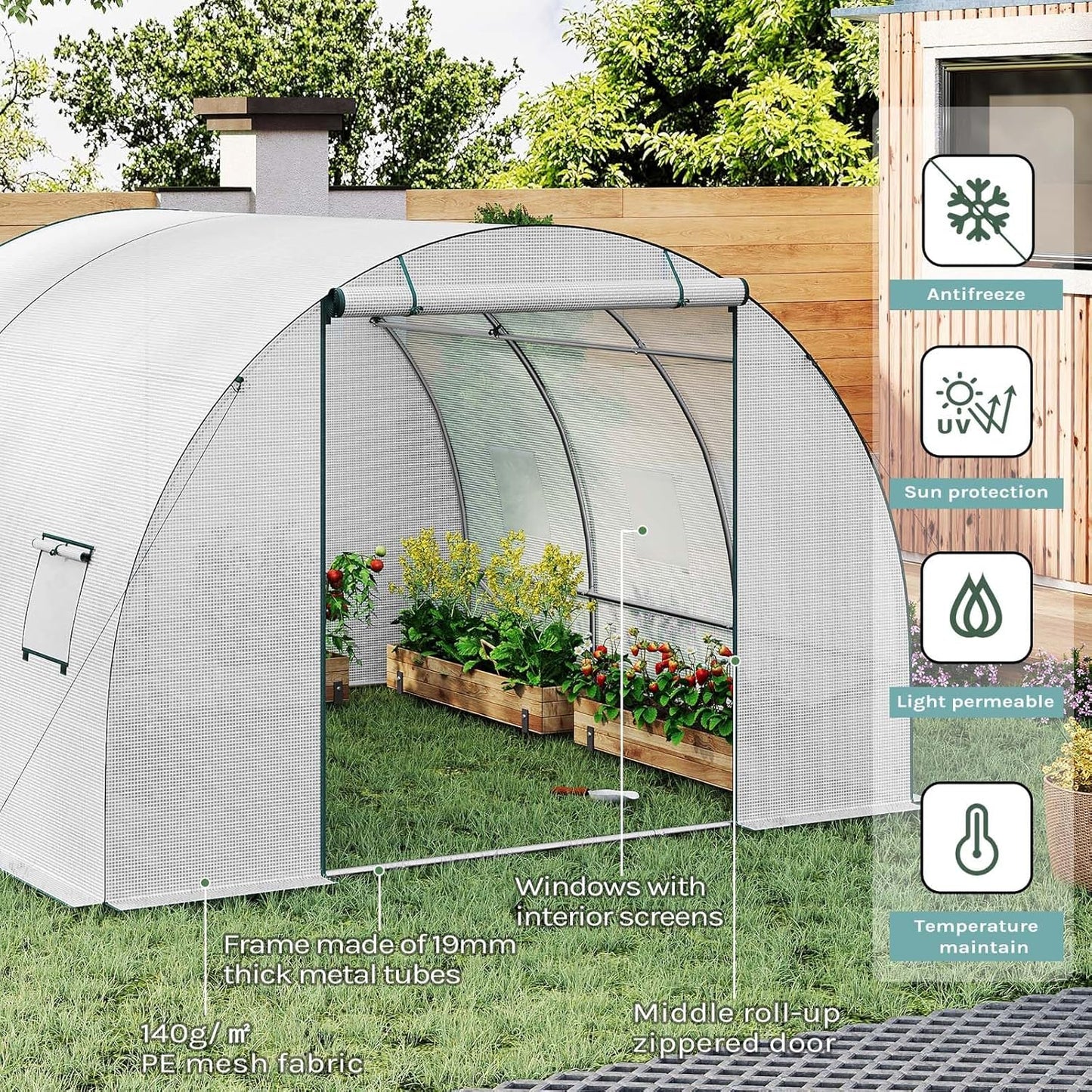 WOLTU Gewächshaus-Folientunnel 300 x 300 x 200 cm – Tomatengewächshaus mit Tür und 6 Lüftungsfenstern – Weiß