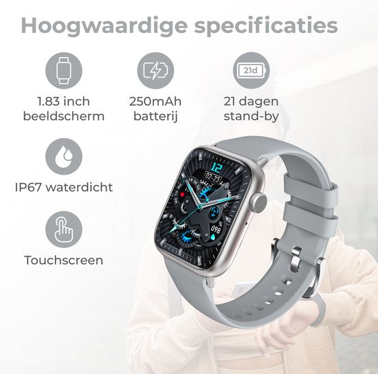 Nuvance - Smartwatch für Männer und Frauen mit Bluetooth - 45mm - Geeignet für alle Smartphones - Schrittzähler und Pulsmesser - Wasserdicht - Grau