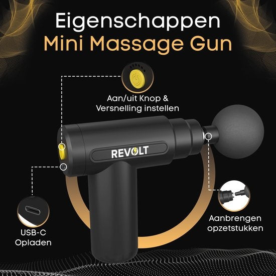 Revolt - Mini-Massagepistole - Inklusive 5 Aufsätze - Inklusive Adapter - 6 Geschwindigkeitsstufen - Muskelerholung & Muskelentspannung