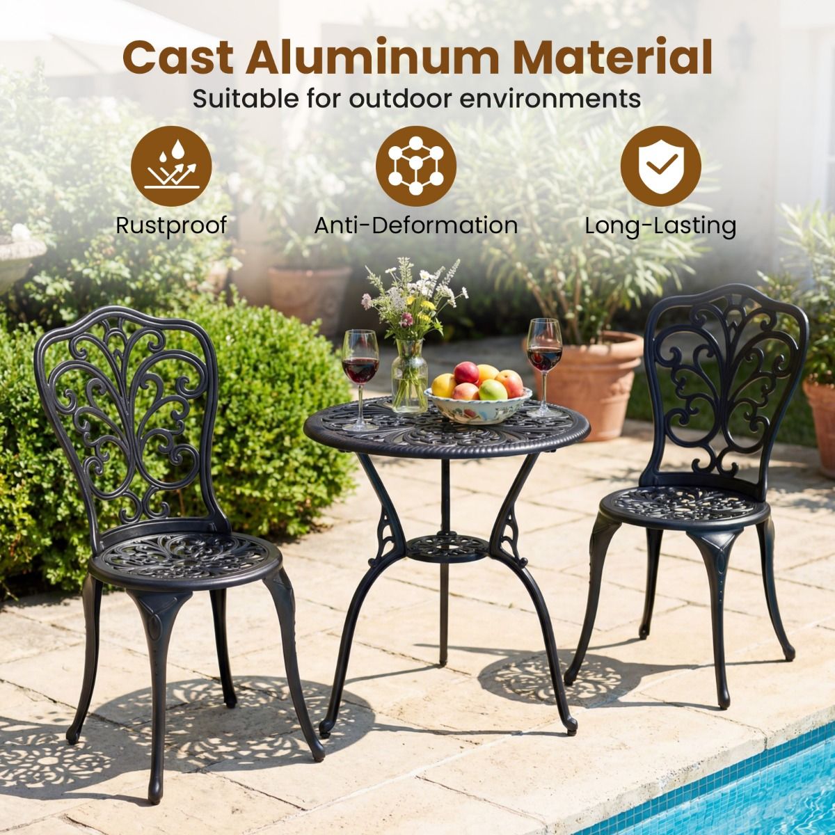 Coast 3-teiliges Bistro-Set – Aluminiumguss – Sonnenschirmloch – Rückenlehnen in Schmetterlingsform – schwarz