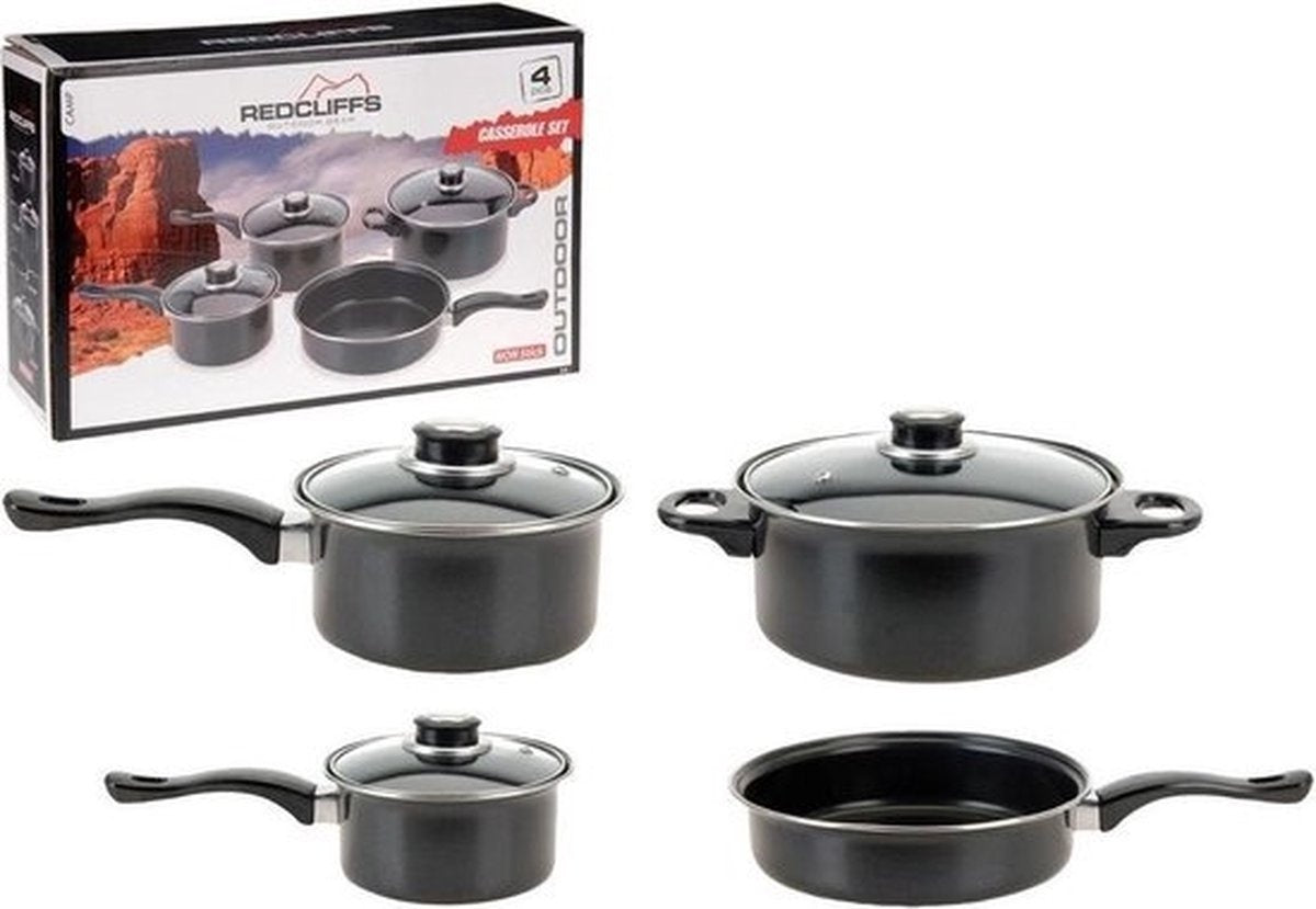 Redcliffs 4-teiliges Kochgeschirr-Set - mit 3 Glasdeckeln - Antihaft - Camping/Camping - Stieltöpfe, Kasserolle, Schmortopf