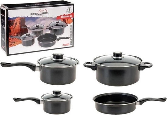 Redcliffs 4-teiliges Kochgeschirr-Set - mit 3 Glasdeckeln - Antihaft - Camping/Camping - Stieltöpfe, Kasserolle, Schmortopf