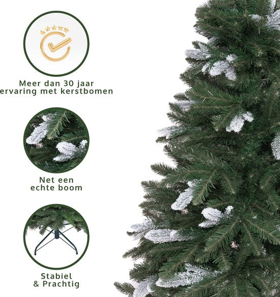 PristinePine Full Künstlicher Weihnachtsbaum mit Schnee 180cm - Stabiler Weihnachtsbaum - Metallsockel - Schnell aufzustellen