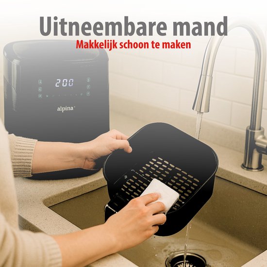 alpina Airfryer XL – Heißluftfritteuse 6 l – Air Fryer für 2 bis 5 Personen – Heißluftofen mit digitalem Touchscreen – Einstellbare Temperatur von 80 bis 200 Grad – Timer-Funktion – 8 Kochprogramme