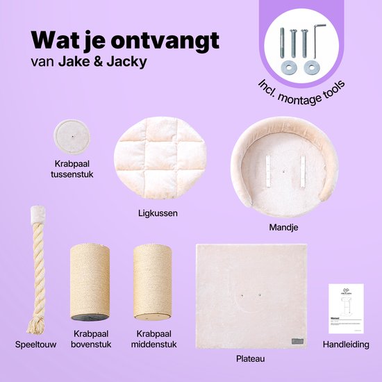 Jake und Jacky Kratzbaum für große Katzen mit Korb – mit Spielseil – Natur/Creme – 57 x 57 x 90 cm – Ø Sisal-Kratzbaum 20 cm