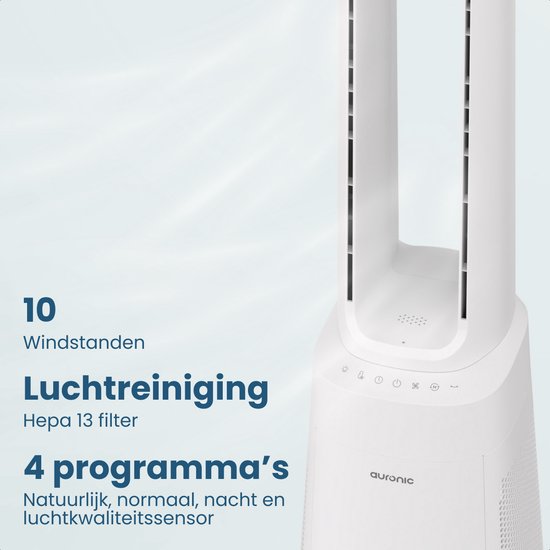 Auronic Turmventilator – blattloses 2-in-1-Modell – Luftreiniger mit HEPA-Filter – Ventilator – 10 Stufen – Fernbedienung – 105 cm – Weiß