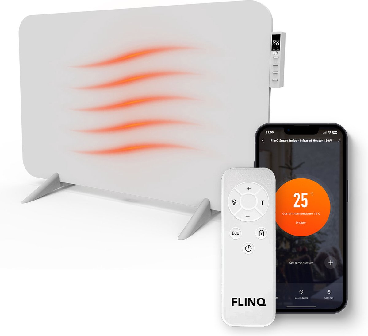 FlinQ Infrarotheizung - 450 W - Bis zu 12 m² - Inkl. Thermostat - 45 x 72,5 x 2,8 cm - Weiß
