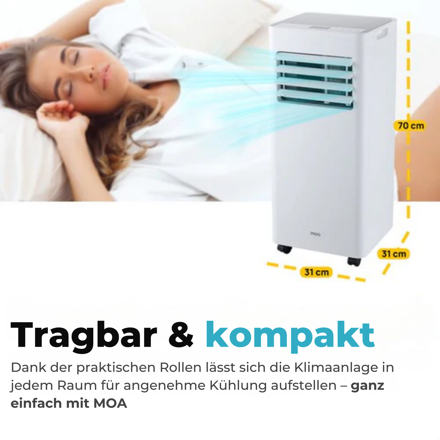 MOA Mobile Air Conditioner - 7.000 BTU - Klimagerät - Fernbedienung - Energieklasse A - Fensterdichtungssätze - Bis zu 60 m³ Kühlleistung - Entfeuchter - Weiß