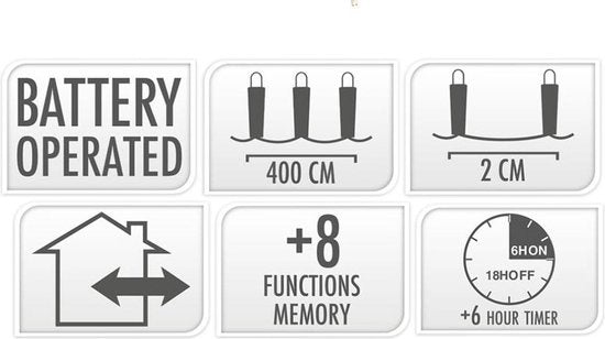 Micro Cluster 200 led - 4m - extra warmweiß - Batterie - Lichtfunktionen - Speicher - Timer