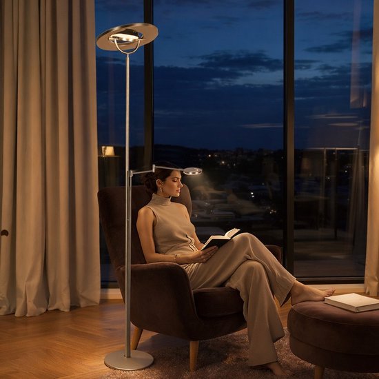 Stahlfarbene Stehlampe 4386ST – Soleil 2 mit dreh- und neigbarem Arm, 185 cm hoch, modernes Stahl-Design, 6500 Lumen, Steinhauer Exclusive