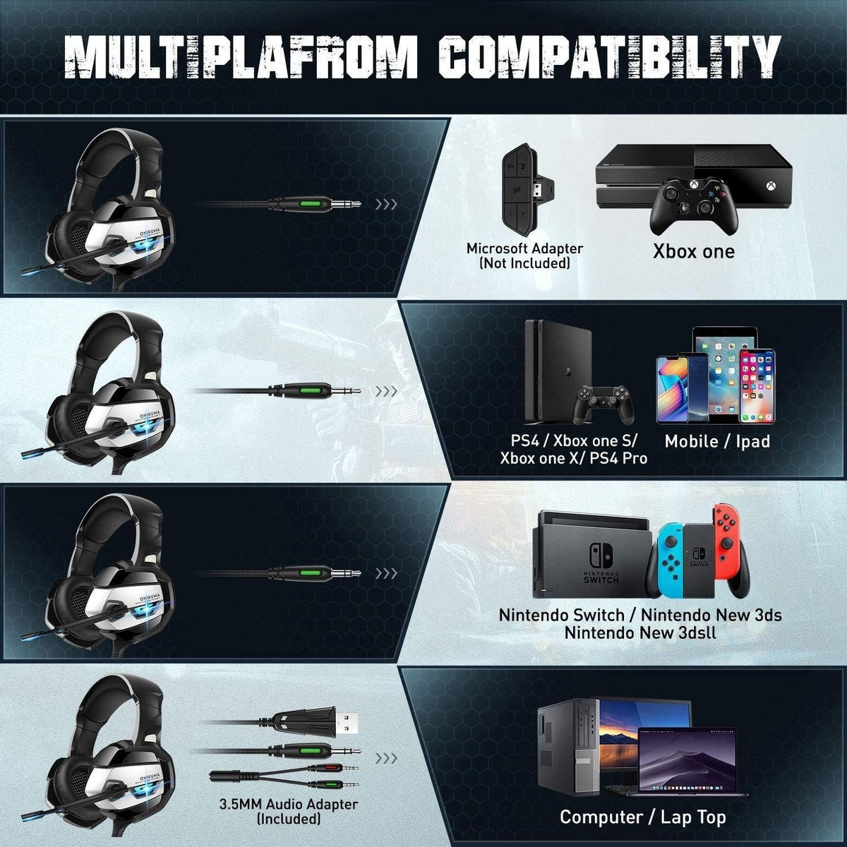 ONIKUMA K5 RGB Stereo-Gaming-Headset mit Mikrofon - für PC / Laptop / PS4 / Xbox One / Nintendo Switch