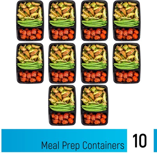 Fitcrafters Meal Prep Trays - Frischhalteschalen - Tiefkühlschalen - 10 Stück - 2 Fächer - 1L - BPA frei