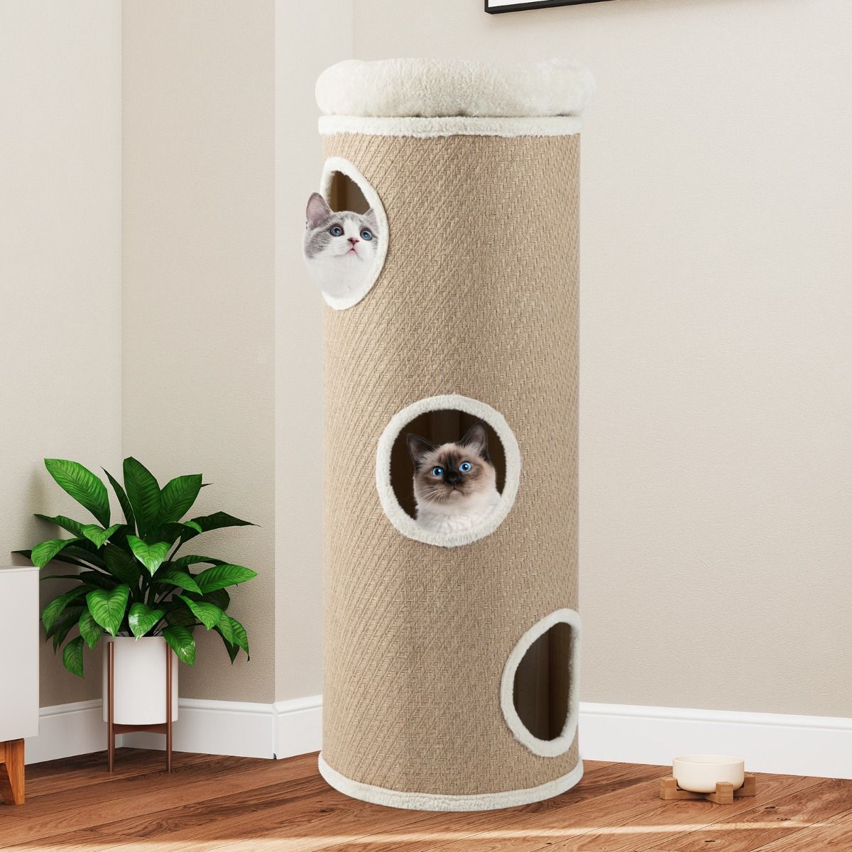 Coast Katzenhaus mit vier Etagen – Plüschbett – Sisal-Kratzbäume – Braun 43 x 43 x 113 cm