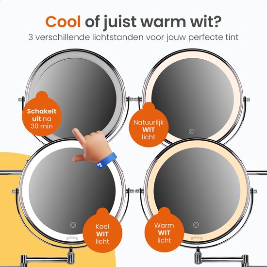 Goliving Make-up-Spiegel mit Beleuchtung - Ø25 cm - 10-fache Vergrößerung - Dimmbarer Make-up-Spiegel - Rasierspiegel - LED-Beleuchtung - USB-C aufladbar - Doppelseitig - 27 x 27 cm - Chrom