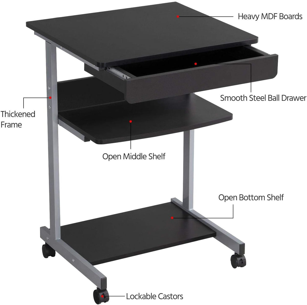 Yaheetech kleiner mobiler Computertisch 56 x 51 x 80 cm – Schwarz – mit Rollen