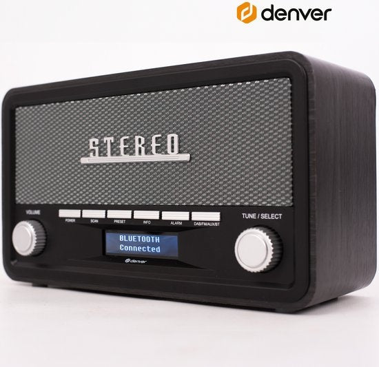 Denver DAB Radio - Modell 2023 - Retro-Radio - Bluetooth - DAB+/ FM - dimmbar - Batterien & Netz - DAB18 - Dunkelgrau