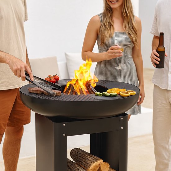 Alpina 3-in-1-Feuerkorb und Grillplatte – Gartenkamin 61 x 90 cm – mit Teppanyaki-Grillplatte – Plancha-Grill mit Holzlager – Feuerkorb für den Außenbereich – Metall