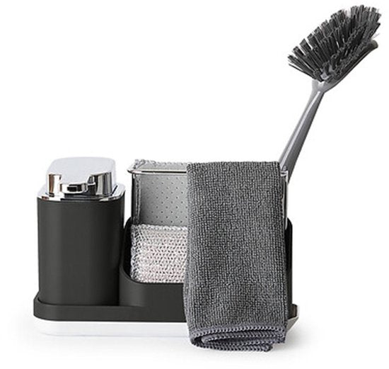 5Five Seifenspender mit Organizer für die Küchenzeile – schwarz – 3 Fächer – Kunststoff – 22 x 13 x 14 cm