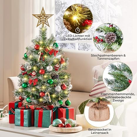 Yaheetech Mini-Kunstweihnachtsbäume 61 cm – 2er-Set – Schnee – LED-Beleuchtung