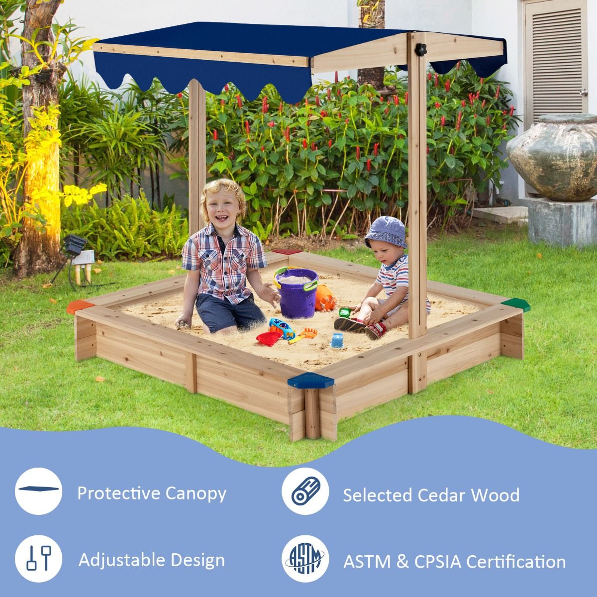 Coast Holzsandkasten mit verstellbarem Sonnendach – ohne Boden – Sitzecke – blau – 121 x 121 x 120 cm