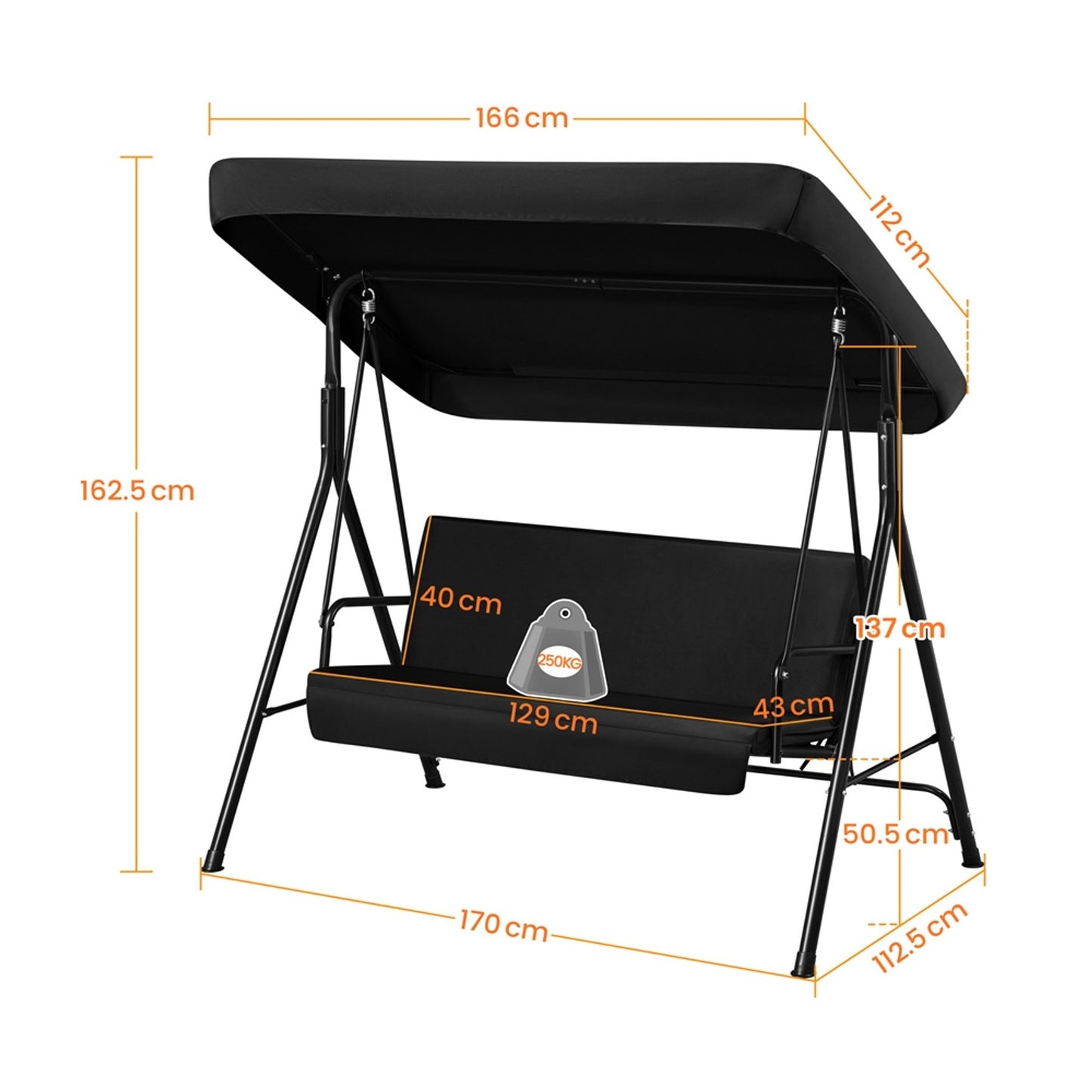 Yaheetech 3-Sitzer-Hollywood-Schaukelstuhl mit verstellbarem Sonnendach – 170 x 112,5 x 162,5 cm – Schwarz