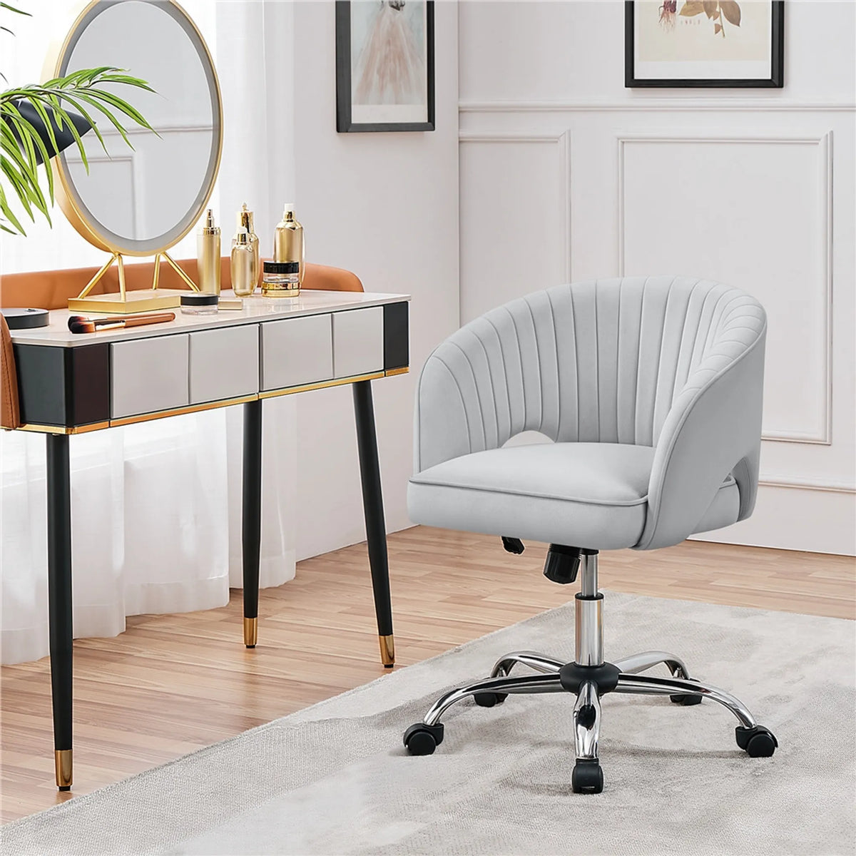 Yaheetech Bürostuhl Sessel - 60 x 56,5 x 73-83 cm - Mit samtig weicher Polsterung und verstellbarer Sitzhöhe und entspannender Schaukelfunktion - Für Büro und Empfangshalle - Hellgrau Polyester und Metall
