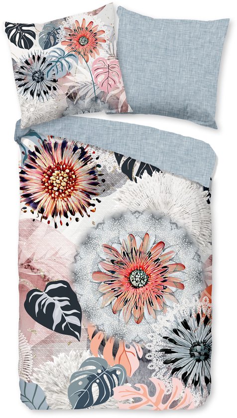 Flanell Bettbezug 200x200 cm - Blumen und Blätter Druck - Grau/Rosa - 2 Personen - 100% Baumwolle Flanell