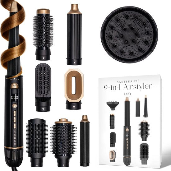 Sansbeauté® 9-in-1 Airstyler mit Diffusor - Multistyler - Haartrocknerbürste Kurzes Haar - Lockenstab - Haarstyler - Haartrockner - Wärmebürste - Lockenbürste - Lockenstab - Haarglätter - Stylingbürste - 5 in 1 Hairstyler