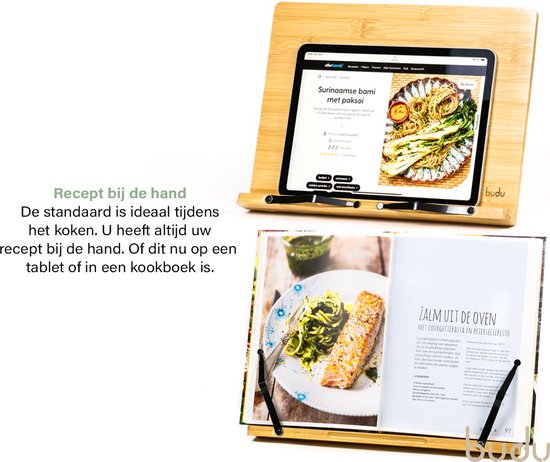 Budu Buchständer - Buchhalter - Buchständer Bambusholz - Tablet-Halter - Leseständer - Verstellbar (5 Positionen)
