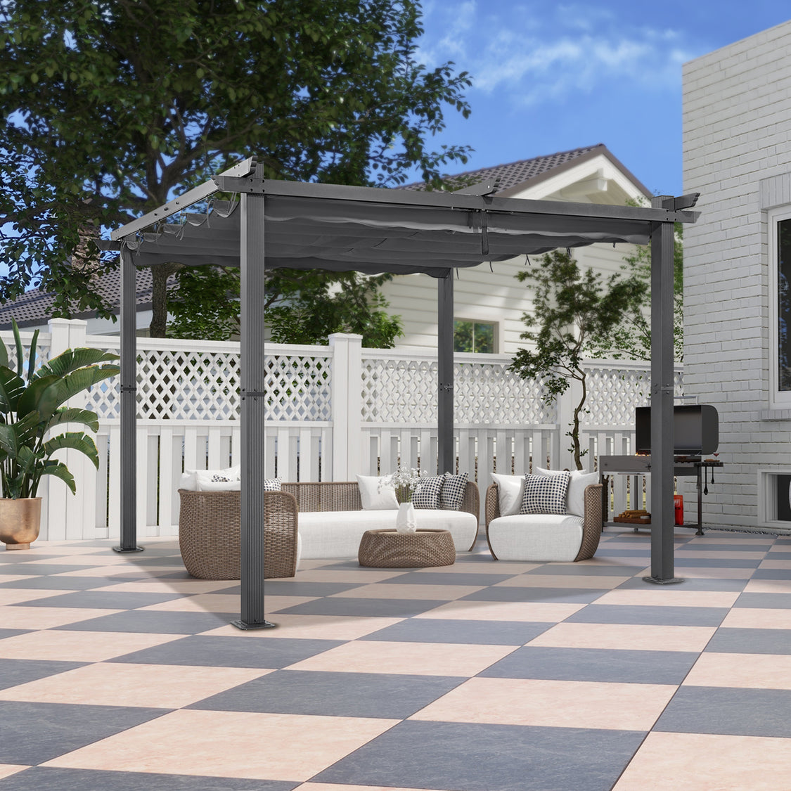 Angel Living Aluminium-Pergola mit verstellbarem, ausziehbarem Dach – 3 x 3 m – Grau/Anthrazit