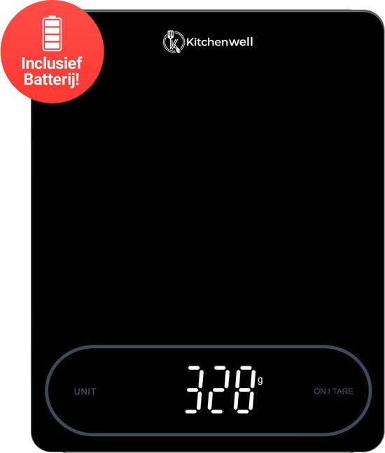 Kitchenwell Digitale Präzisions-Küchenwaage – Küchenwaage – 1 g – 12 kg – Tara-Funktion – Batterie – Schwarz