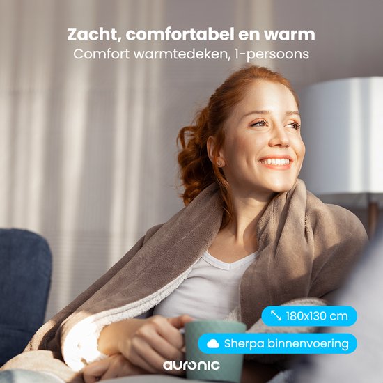 Auronic Electric Blanket - Wärmedecke - Sherpa Fleece - 9 Wärme- und Timer-Einstellungen - Decke - 180x130 - 1 Person - Taupe