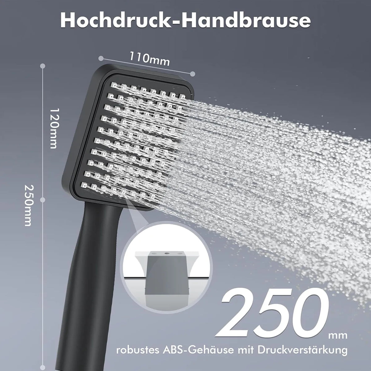 Homelody Regendusche-Set ohne Thermostat – quadratische Kopfbrause 20 x 20 cm – verstellbare Duschstange 73–115 cm – schwarz