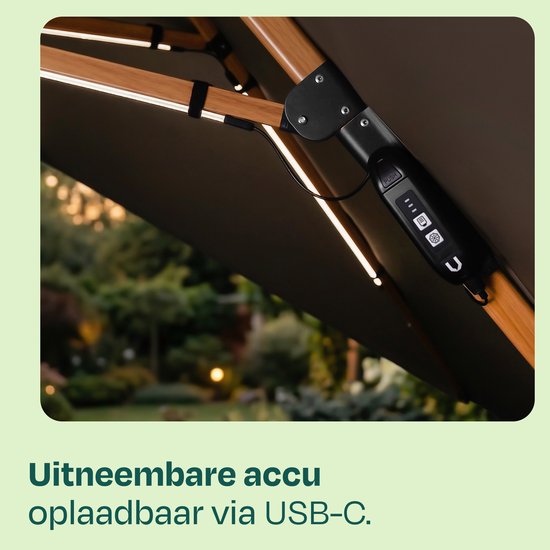 VONROC LED-Sonnenschirmbeleuchtung – 15 Lichtleisten – warmweiß – für VONROC-Schwebesonnenschirme der Modelle Bardolino und Pisogne oder mit Streben ab 69 cm – wiederaufladbarer 2600-mAh-Akku – (Sonnenschirm nicht im Lieferumfang enthalten)