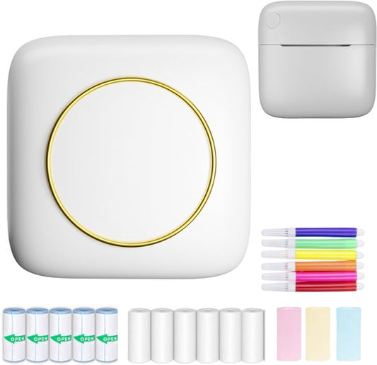 Gatson Mini-Drucker - Inklusive 14 Rollen Papier (Sticker, Normal & Farbe) + 5 Stifte - Mini-Drucker für das Handy - Pocket-Drucker - Mobiler Fotodrucker