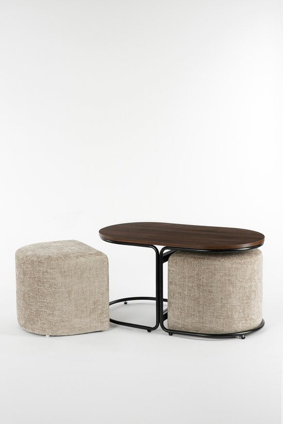 Mica Decorations Couchtisch mit Fußhockern - 3-teilig - L79 x B45 x H41 cm - Hellgrau