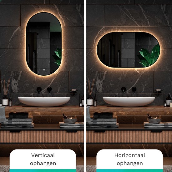 Mirlux Badezimmerspiegel mit LED-Beleuchtung & Heizung - Wandspiegel Oval - Anti-Kondensations-Duschspiegel - Schwarz - 90x50CM