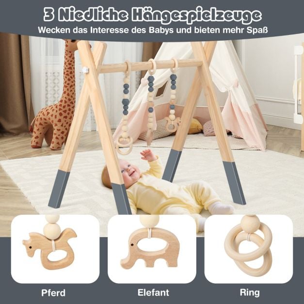 Coast Baby-Klettergerüst aus Holz – 3 Hängespielzeuge – 60 x 44 x 60 cm – Grün, Grau und Rosa