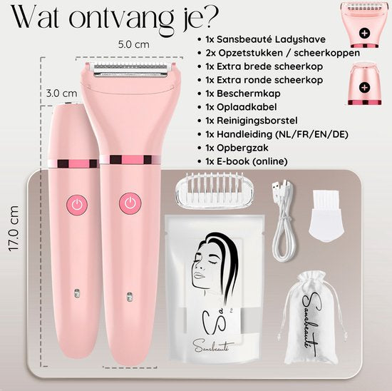 2-in-1 Ladyshave + 2 Extra-Scherköpfe - Gesicht - Achseln - Beine - Bikinizone - Rasierer Frau - Elektrischer Epilierer - Haarentferner Damen - Trimmer Frau - Intimzone Schamhaare - Ladyshaves Bikini