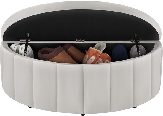 tectake® Polsterbank „Moon“ – Hocker mit Stauraum – Großes Staufach – Halbmondform – Sitzbank – 108 x 48 x 38,5 cm – Belastbarkeit 150 kg – Samt, Taupe